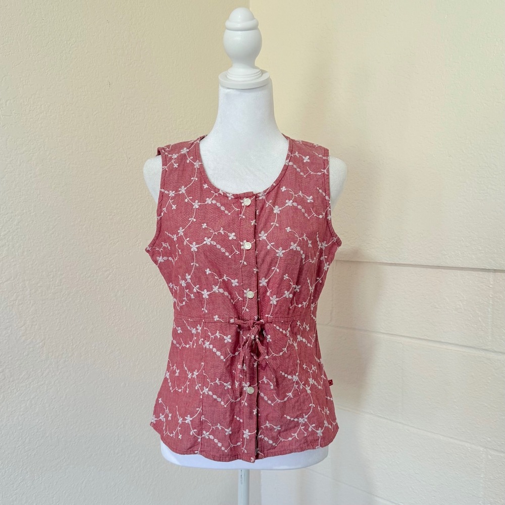 Lizβ Claiborne Embroidered Blouse Top Small Red Floral Button Front Cottagecore